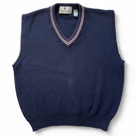 Vintage John Ashford Golf Knit Varsity Tennis Sweater Vest Preppy Jock V Neck L - Picture 1 of 6